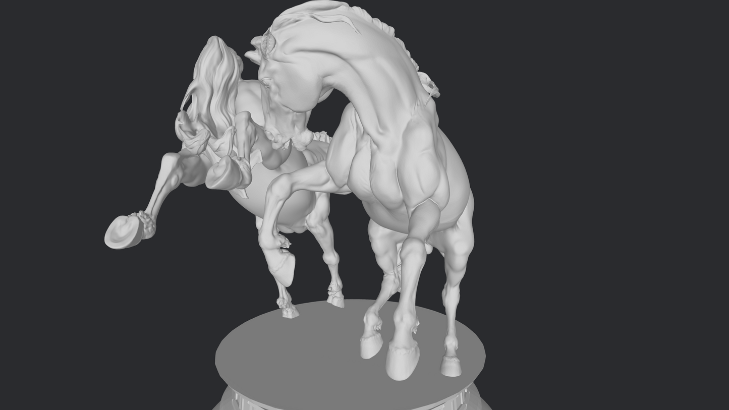 Baroque fighting stallion horse pair on removable stand