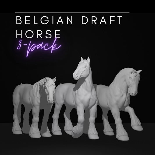 Belgian draft horse sm 1/32 scale 3 pack - white resin - ready to prep / paint