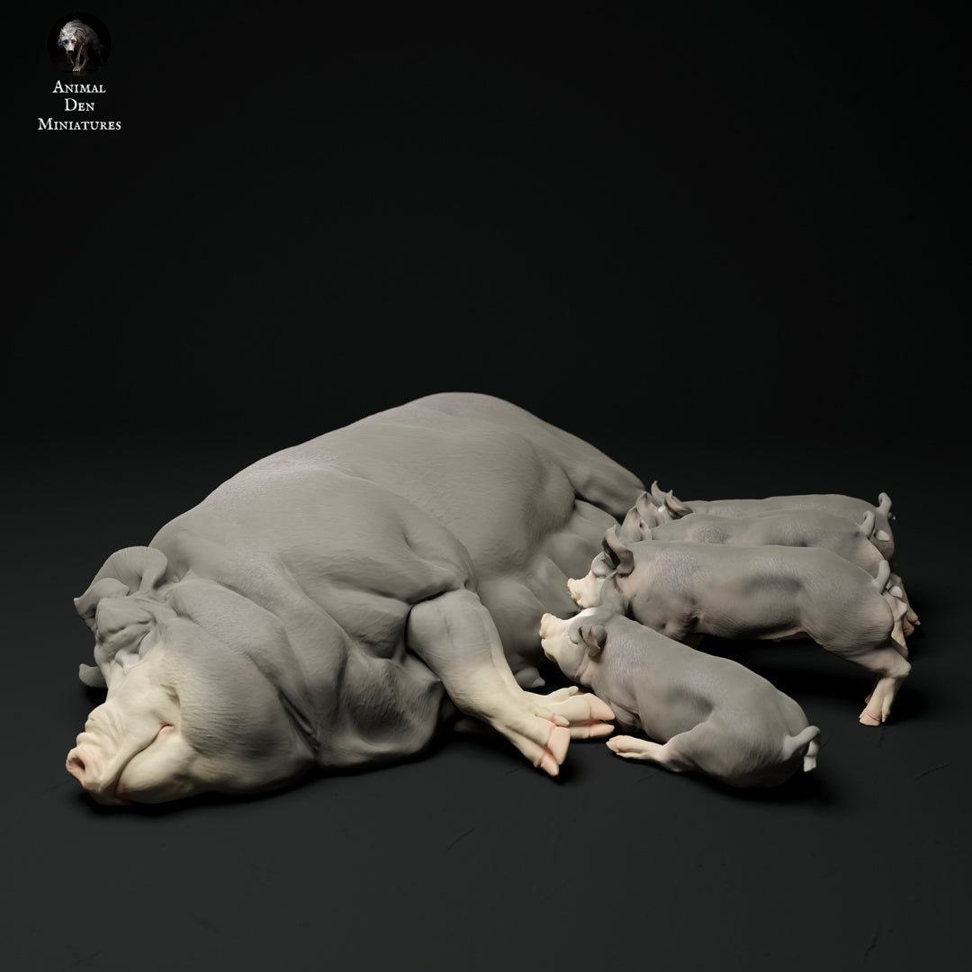 Berkshire pig and piglets artist resin - white resin ready to prep / paint ALL SCALES