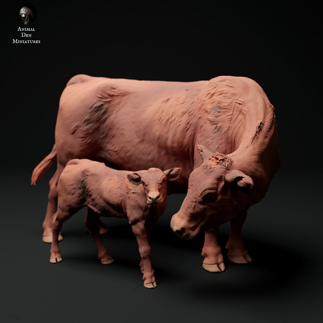 Red Devon cow and calf artist resin - white resin ready to prep / paint ALL SCALES