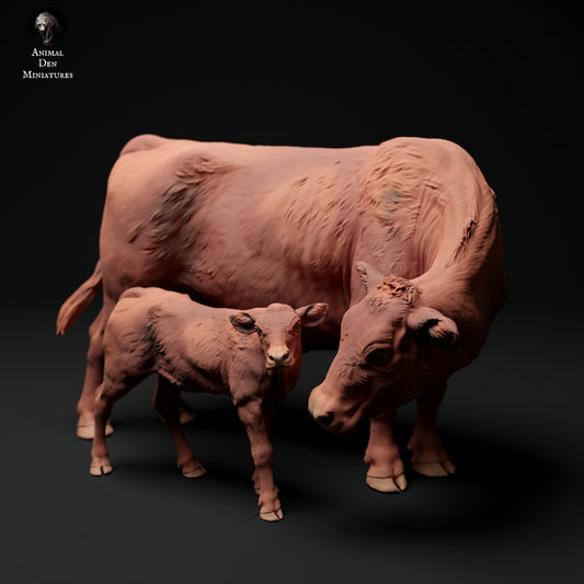 Red Devon cow and calf artist resin - white resin ready to prep / paint ALL SCALES